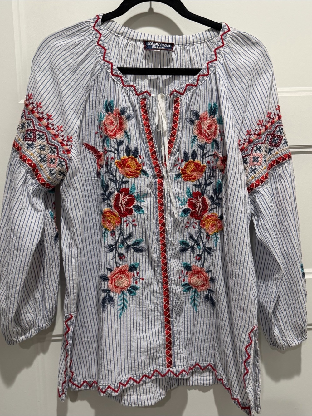 Johnny Was Blue Striped Embroidered Floral Peasant Blouse